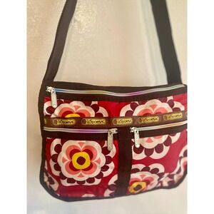 LeSportsac Crossbody Bag Red Floral Print Adjustable Strap Multiple Pockets